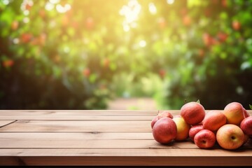 An empty boardwalk on the background of an apple orchard with ripe fruits on the branches. mockup.