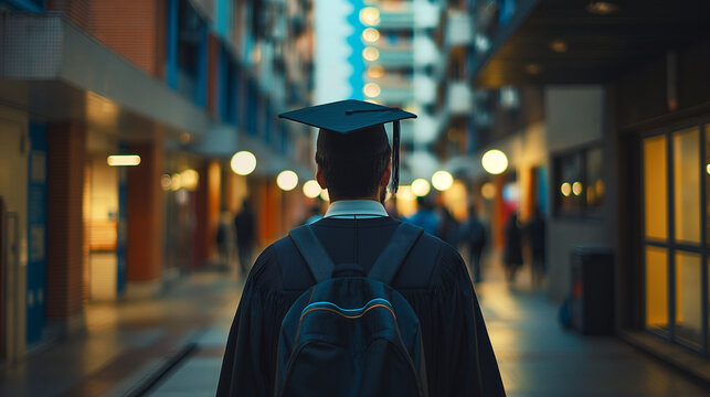 A jobless fresh graduate student wearing a graduation gown stepping into the society, awaiting the challenge of the real world.	