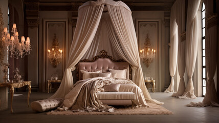  A sumptuous sanctuary bathed in soft hues of ivory and champagne, featuring a decadent canopy bed surrounded by lavish furnishings and sparkling crystal accents, embodying understated luxury. - obrazy, fototapety, plakaty