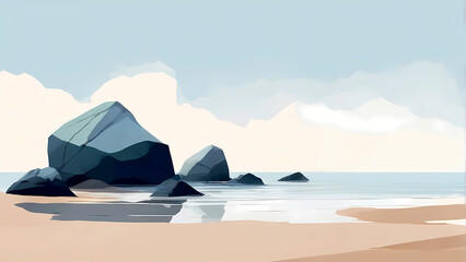 Fototapeta na wymiar Minimal calm nature background: Sand and rocks, soft morning light, illustration, mindfulness, wellness, calm meditation zen atmosphere
