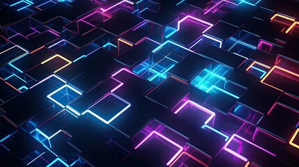 Geometric backgrounds with neon cubes and curved lines
