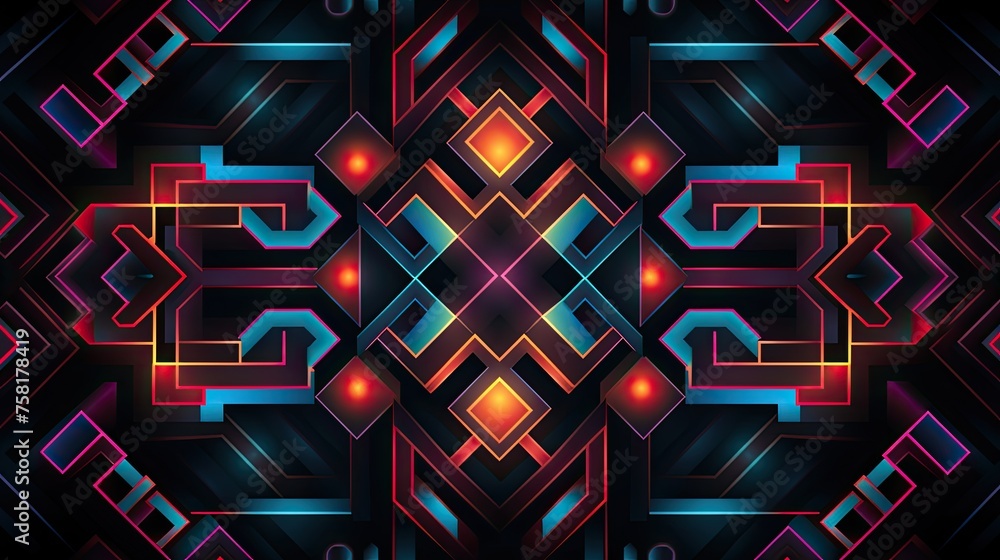 Poster geometric patterns with neon outlines and hypnotic effect