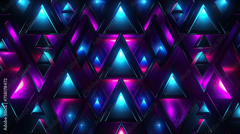 Poster geometric patterns with neon pyramids and ellipses