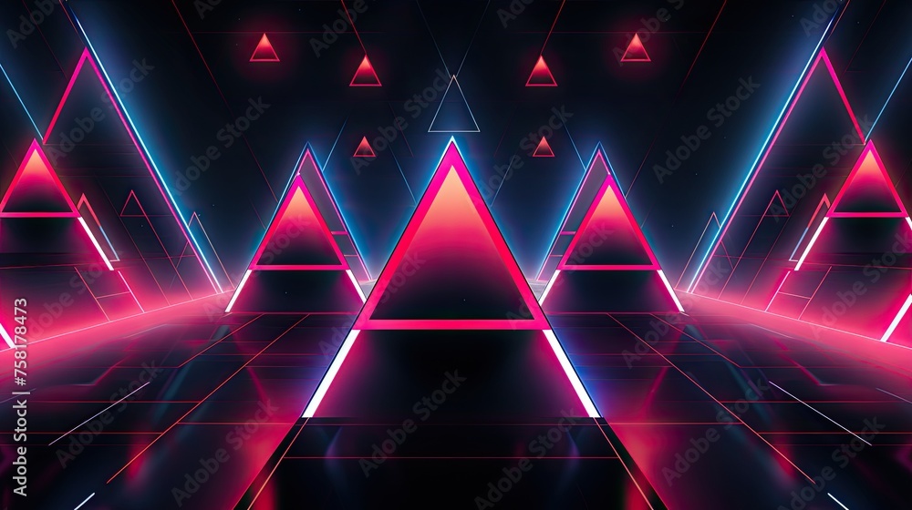 Poster geometric patterns with neon pyramids and ellipses