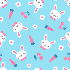 Rabbit with flower and carrot seamless pattern. Cute background. Kid design. Surface design.