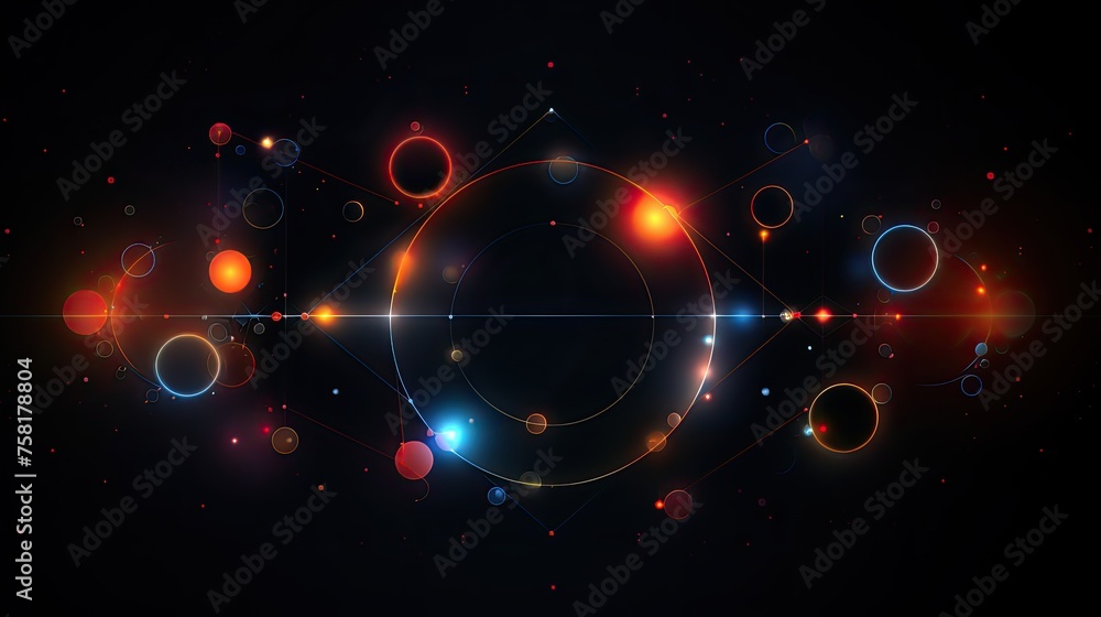 Poster neon circles and triangles in the shape of a galaxy