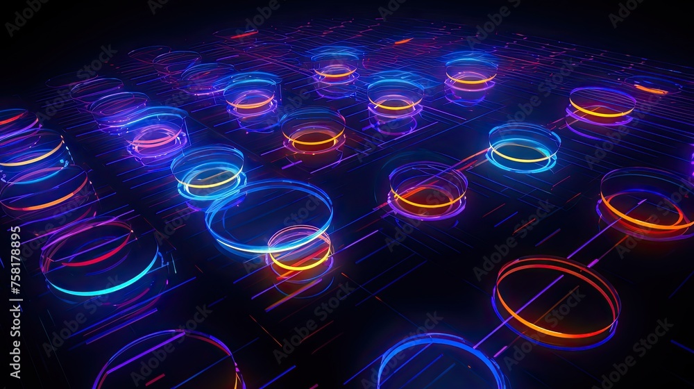 Poster neon lines and circles forming an abstract geometric pattern