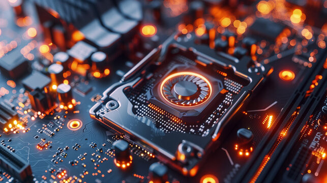 Next generation CPU, GPU, DRAM, graphics card, component, seamlessly integrated into a high-performance motherboard. A detailed digital rendering, showcases metallic design and advance technology