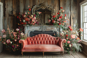 Floral Digital Backdrops, fireplace maternity backdrops digital, studio backdrop overlay, floral background overlay