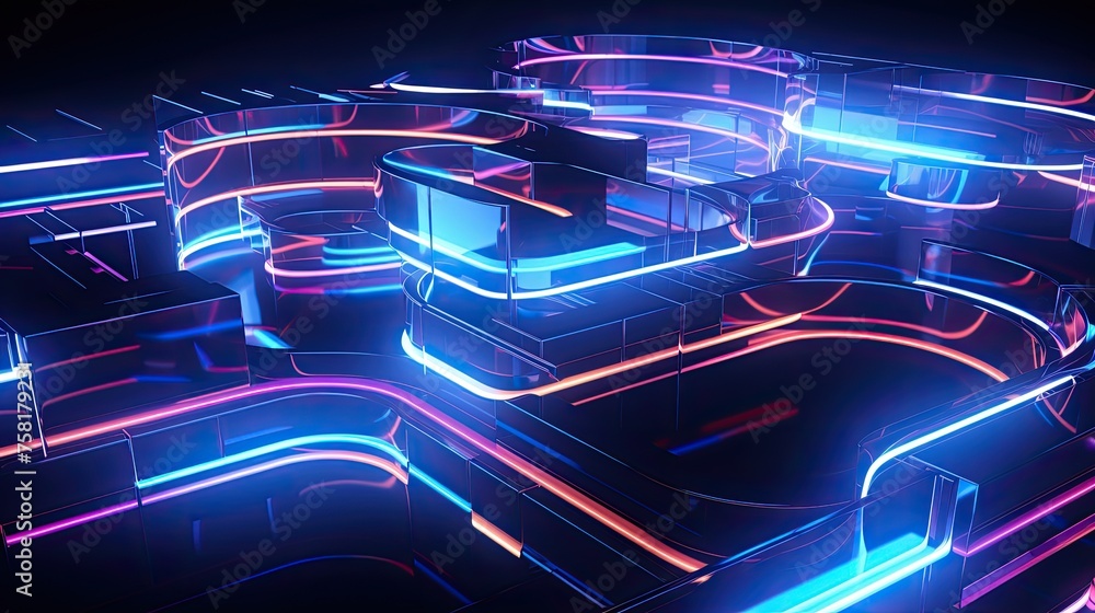 Poster neon squares and curves in the style of futuristic architecture