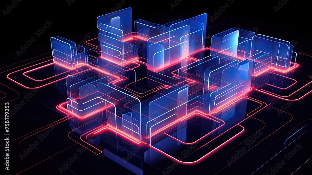 Poster neon squares and curves in the style of futuristic architecture