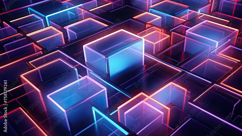 Poster neon squares and curves in the style of futuristic architecture