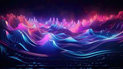 Neon shapes framed by waves and cascades of light