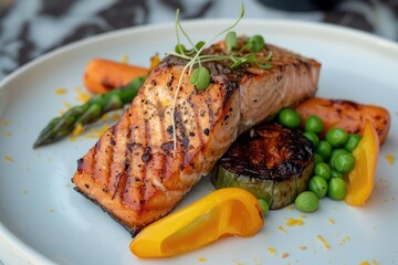 Roasted salmon with asparagus, peas, yellow peppers, carrots and zucchini on white plate. AI Generated