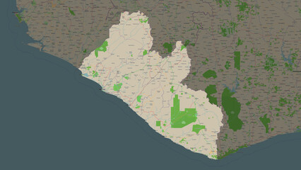 Liberia highlighted. OSM Topographic French style map
