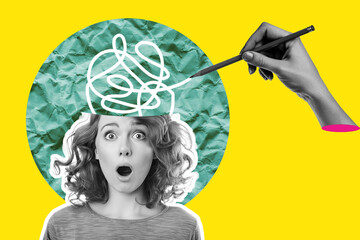 Modern collage illustration of a confused woman with a tangled brain - obrazy, fototapety, plakaty