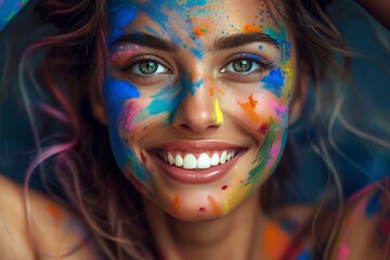 Portrait smiling young girl celebrating holi festival. colorful face with vibrant powder paint explosion.