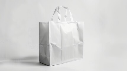 White shopping bag on a white background. Empty shopping packet mockup