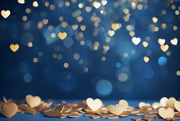 A blue background with gold hearts and bokeh lights - obrazy, fototapety, plakaty