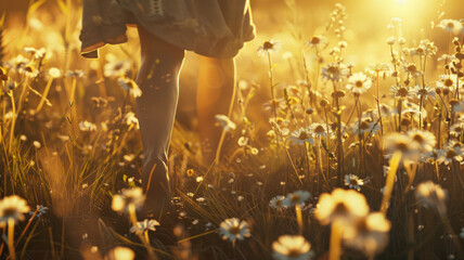 Golden sunset rays illuminate a person's barefoot walk through a field of daisies.