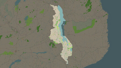 Malawi highlighted. OSM Topographic French style map