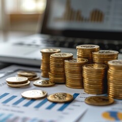 A pile of gold coins sits on top of a laptop and a stack of papers