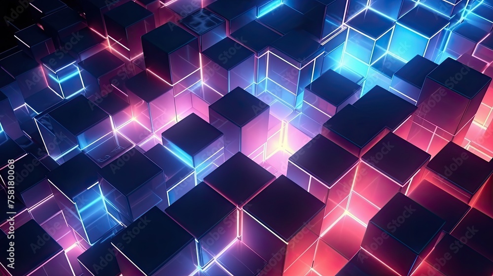 Poster geometric background with neon cubes in three dimensional space