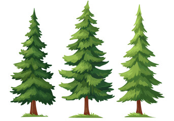 isolated cute three spruce trees, minimalistic bright colors icons, vector flat illustrations without gradients on transparent background