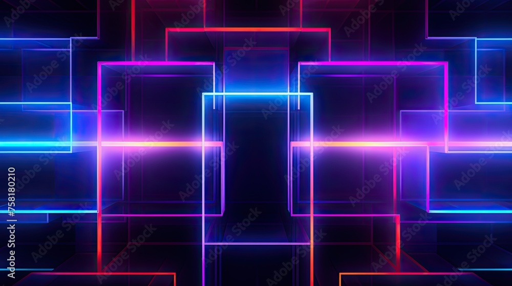 Poster geometric background with neon squares and intersecting lines