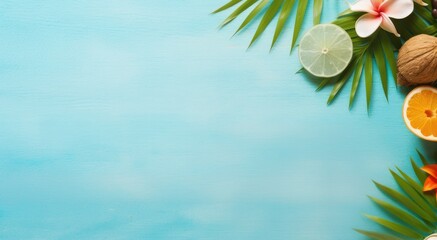 Summer blue background with orange, lime and tropic leaves. Copy space. Flat lay, top view.