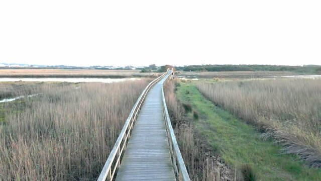 Wooden structure on the footbridges of Barrinha de Esmoriz with water from the Paramos lagoon, Portugal.
