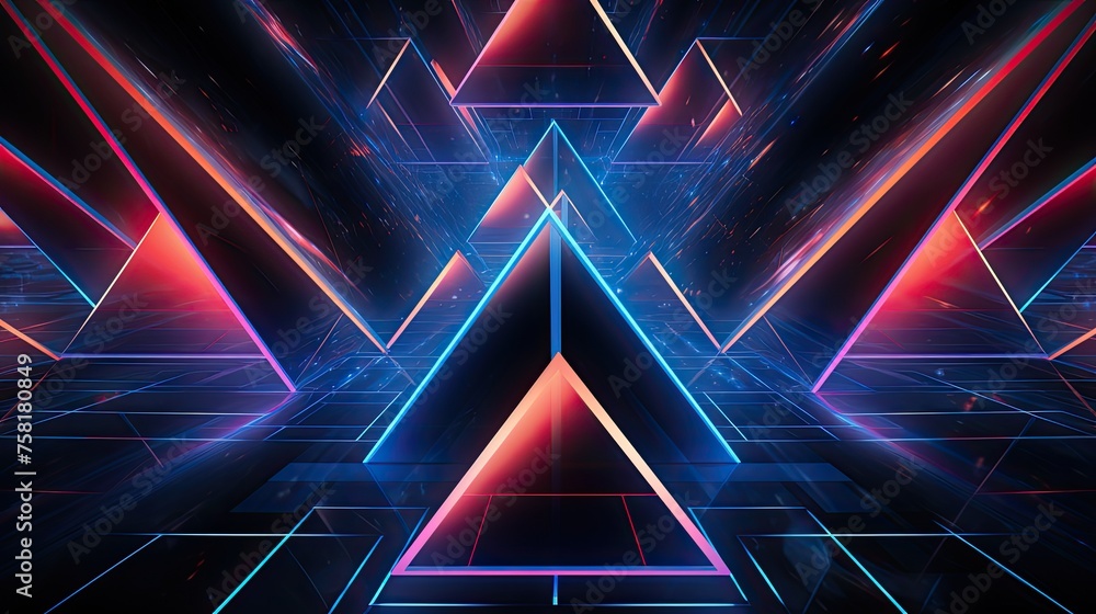 Poster geometric backgrounds with neon triangles and lines of motion
