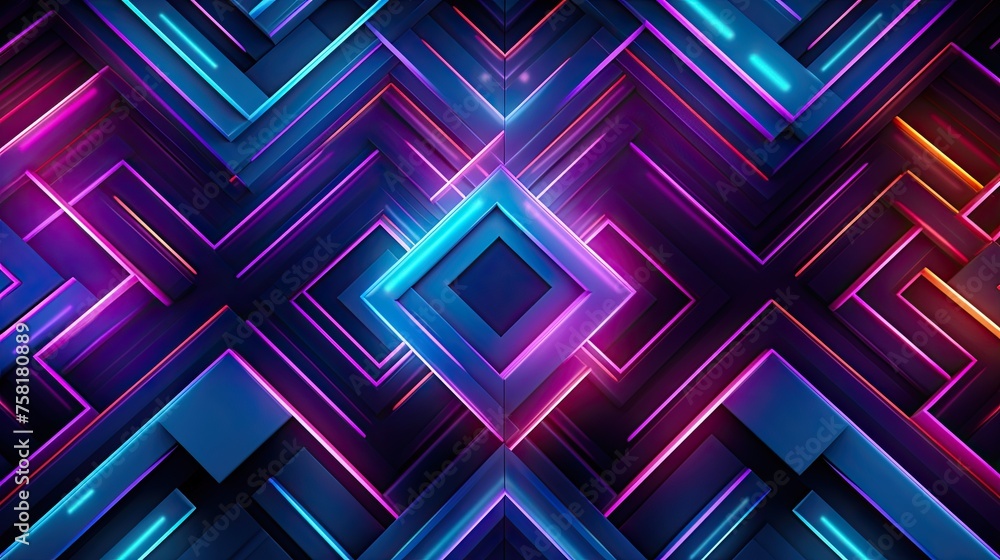 Poster geometric patterns with neon cascades and cross lines