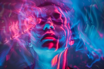 abstract colorful light on a woman's face, representing drug use and hallucinations - obrazy, fototapety, plakaty