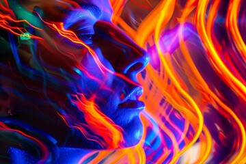 abstract colorful light on a man's face, representing drug use and hallucinations - obrazy, fototapety, plakaty