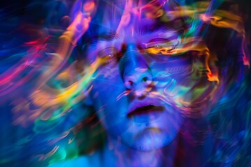 abstract colorful distortions around a person's head, representing a bad trip - obrazy, fototapety, plakaty