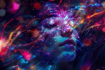 abstract colorful light on a woman's face, representing drug use and hallucinations - obrazy, fototapety, plakaty
