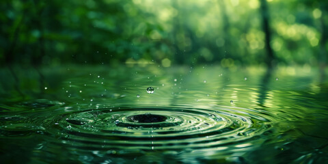 Naklejka na ściany i meble Water drop falling in green water with ripples and a blurred background. Water droplets in nature's fresh concept of an eco friendly environment or ecology concept. banner