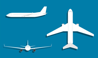 Airplane from different angles on a blue background with shadow. Airplane icon. Vector, design illustration. Vector.