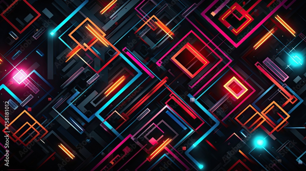 Poster geometric shapes with neon intersecting lines and swirls