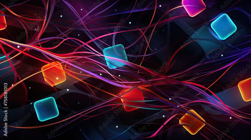 Poster geometric shapes with neon intersecting lines and swirls