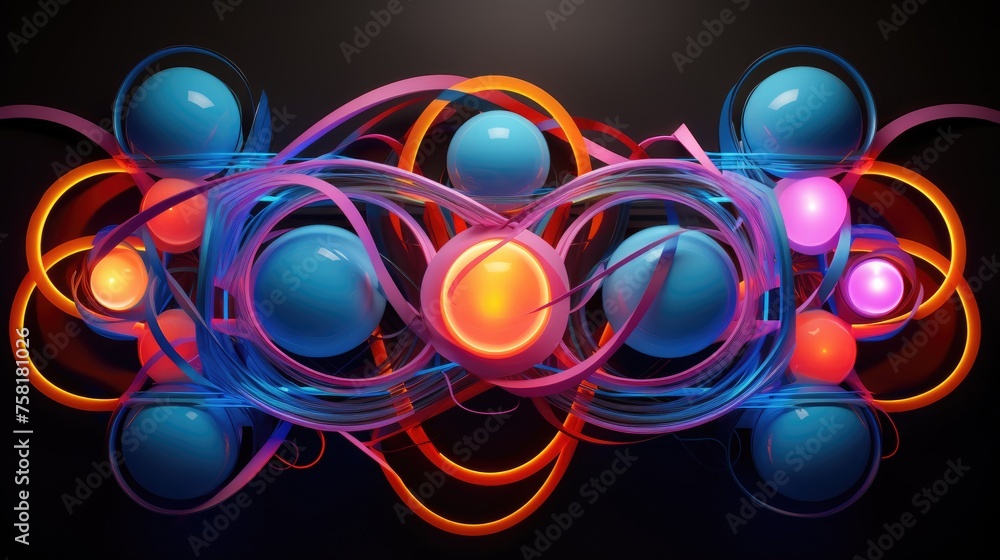 Poster geometric shapes with neon intersecting lines and swirls