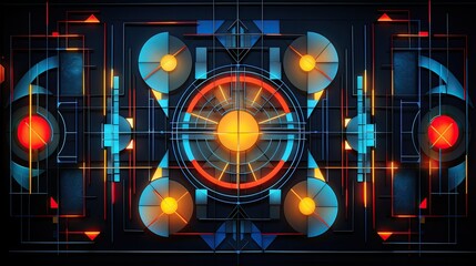 Geometric shapes with neon outlines and fans of light - obrazy, fototapety, plakaty