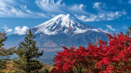 Autumn mtfuji  tallest volcano in tokyo, japan with snow capped peak and red trees