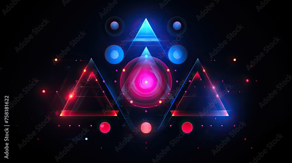 Poster neon triangles and circles in the style of futuristic graphics
