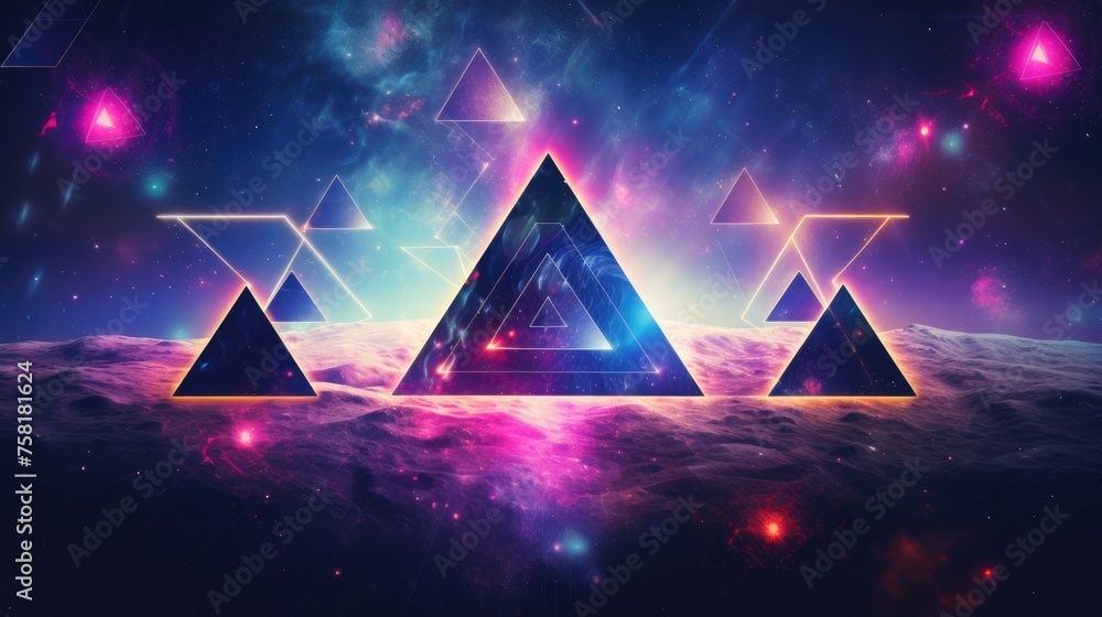 Poster neon triangles and circles in the style of a fantasy universe