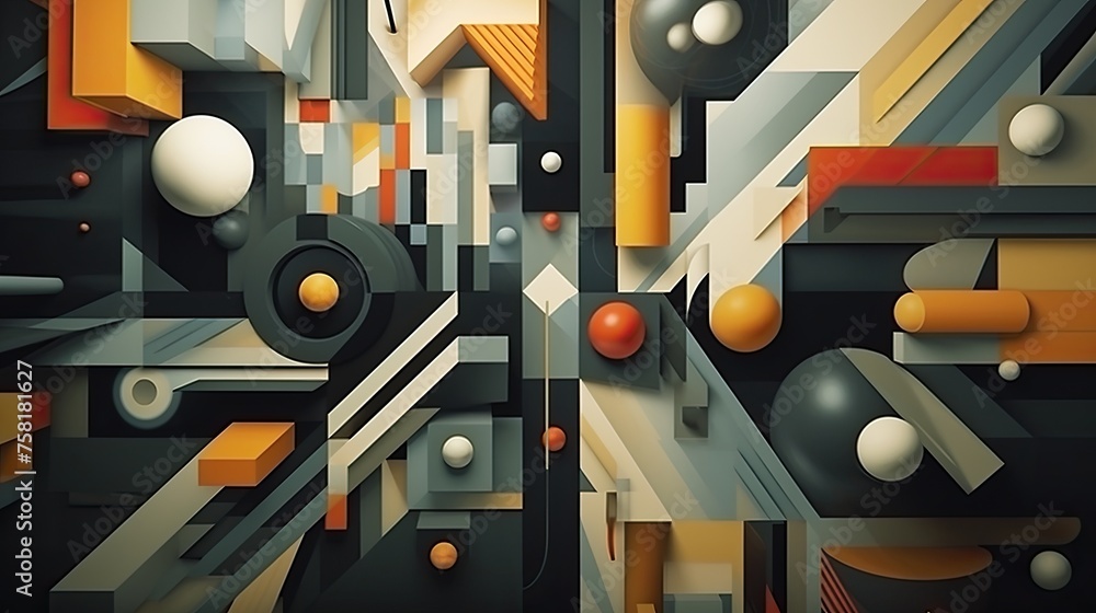 Poster surrealism style geometric background with unusual shapes and combination of unrelated elements