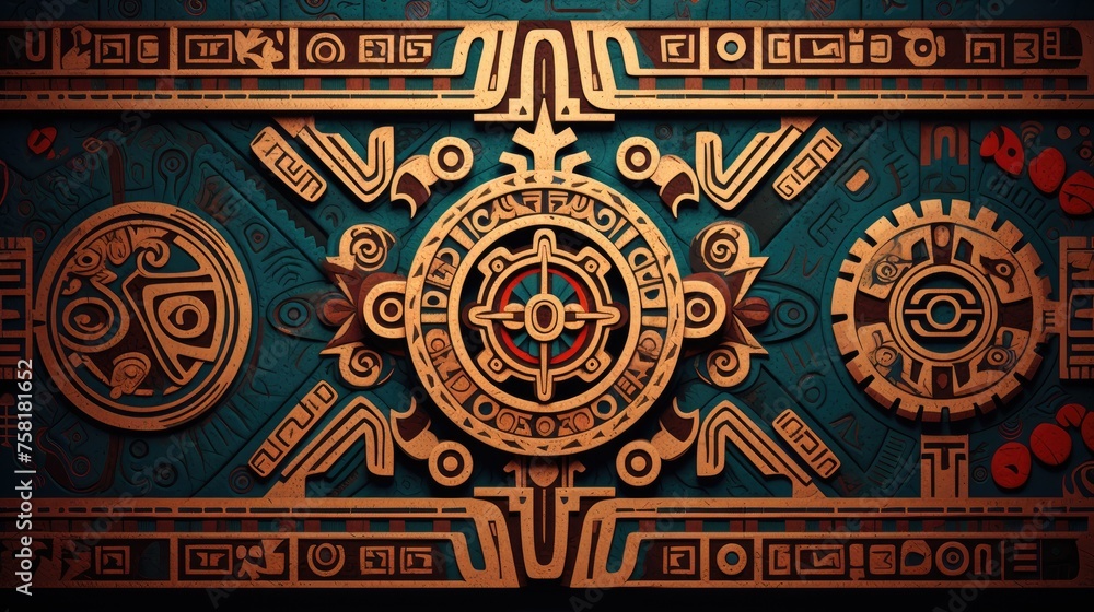 Poster Aztek style geometric background with symbols and patterns