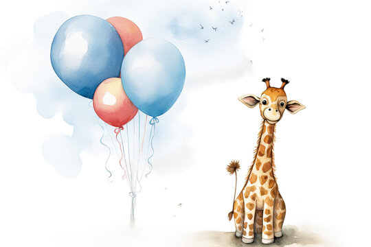 watercolor baby giraffe balloon holding balls illustration playing