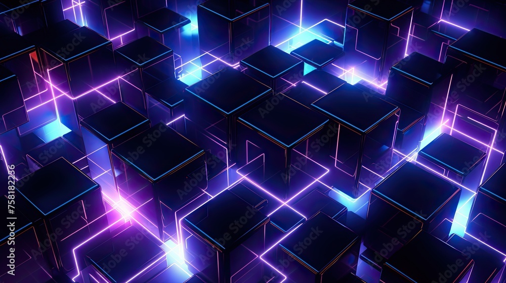 Poster geometric background with neon cubes in three dimensional space